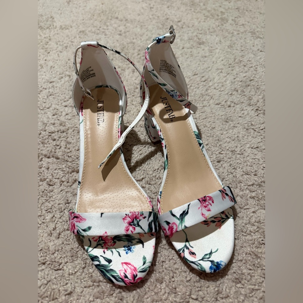 JustFab White Floral Ankle-Strap Block Heel Sandals